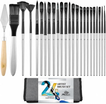 PHOENIX 24-piece paint brush set with palette knife and roll-up case