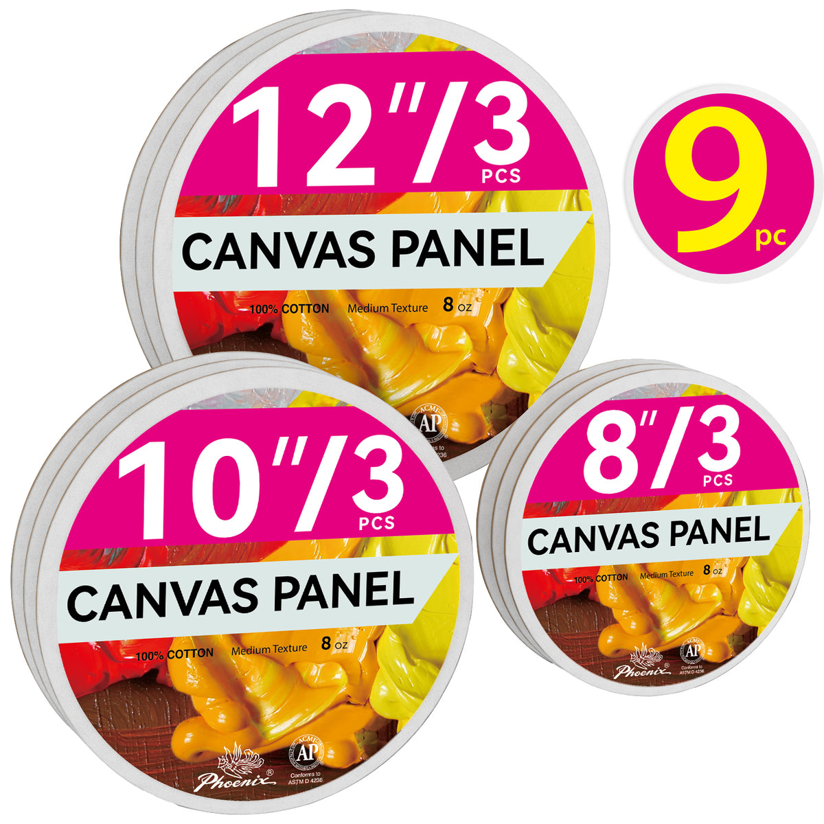 9 PACK PHOENIX Studio 100% Cotton Round Canvas Panels, 8/10/12 IN