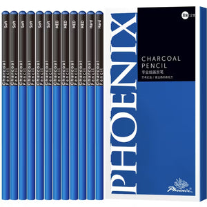 PHOENIX 12pcs Charcoal Pencils Drawing Set, Soft Medium And Hard Charcoal Pencils for Drawing, Sketching, Shading - Designed for Art Students