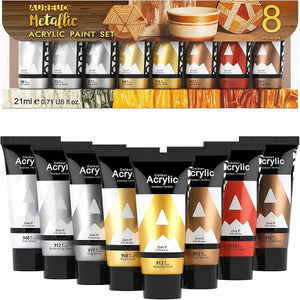 AUREUO Metallic Acrylic Paint Set - 8 Essential Colors Tubes Gold Silver Art Paints for Crafts Decor Rich Pigments Non-toxic Painting Supplies for Artists
