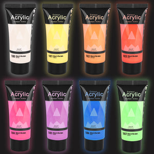 AUREUO Glow in the Dark Acrylic Paint - 8 Colors x 0.71 Fl Oz / 21ml Neon UV Black Light Paints for Rocks, Wood, Craft, Canvas, Paint Party Supplies