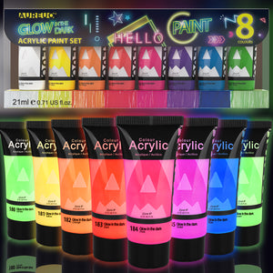 AUREUO Glow in the Dark Acrylic Paint 8 Colors Neon UV Black Light Paints for Rocks, Wood, Craft, Canvas, Paint Party Supplies