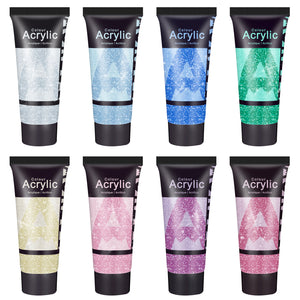 AUREUO Galaxy Glitter Acrylic Paint Set - 8 Twinkle Iridescent Colors 0.71 Fl Oz / 21ml Tubes Sparkling Art Paints for Holiday Crafts Decor Non Toxic Art Supplies for DIY Projects, Gifts for Artists