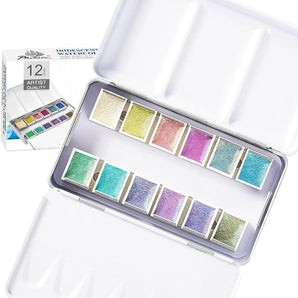 PHOENIX Special Iridescent Watercolor 12 Colors Tin Box, Glitter Pearlescent Portable Palette, Gift for Water Color Painter
