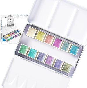 PHOENIX Special Iridescent Watercolor 12 Colors Tin Box, Glitter Pearlescent Portable Palette, Gift for Water Color Painter