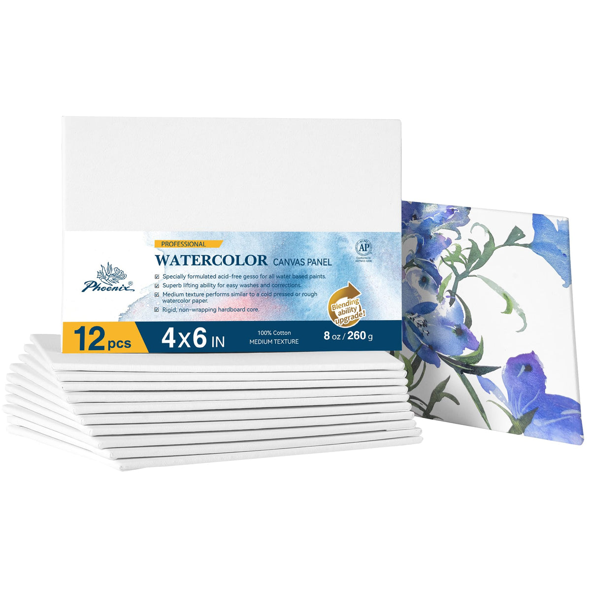 12PACK PHOENIX Professional Watercolor Pro Canvas Panels 5X7+8X10+9X12+11X14IN