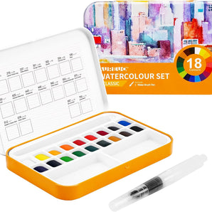 AUREUO Small Travel Watercolor Set - 18 Colors Portable Mini Water Color Kit with Tin Box for Beginners