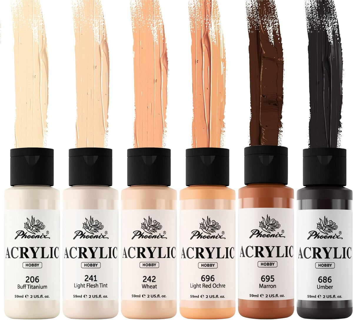 PHOENIX Skin Tone Acrylic Paint - 6 Neutral Colors x 2 Fl Oz / 59ml Flesh Colored Model Paint Set, Plastic Miniature Figures Paints for Adults, Brown Acrylic Paints for Canvas Painting