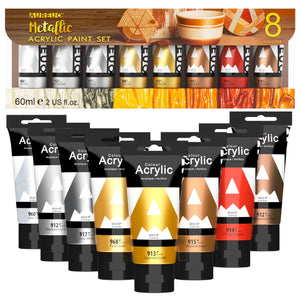 AUREUO Metallic Acrylic Paint Set - 8 Essential Colors 2 Fl Oz / 60ml Tubes Gold Silver Art Paints for Crafts Decor Rich Pigments Non-toxic Painting Supplies for Artists