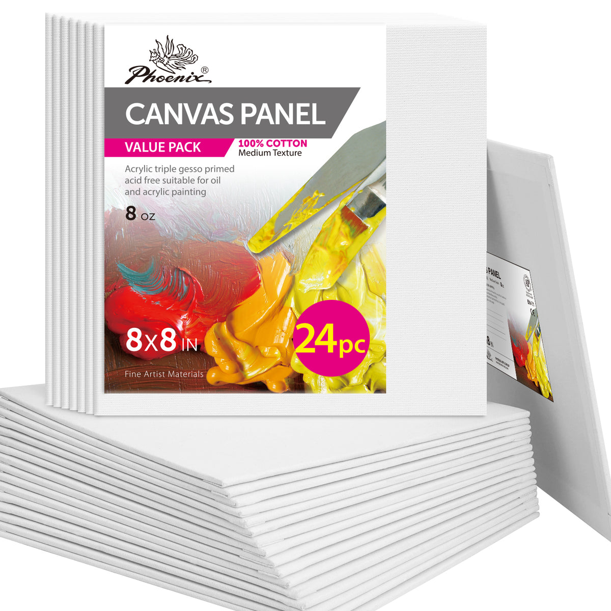 24PACK  PHOENIX Studio 100% Cotton Canvas Panels  8X8IN