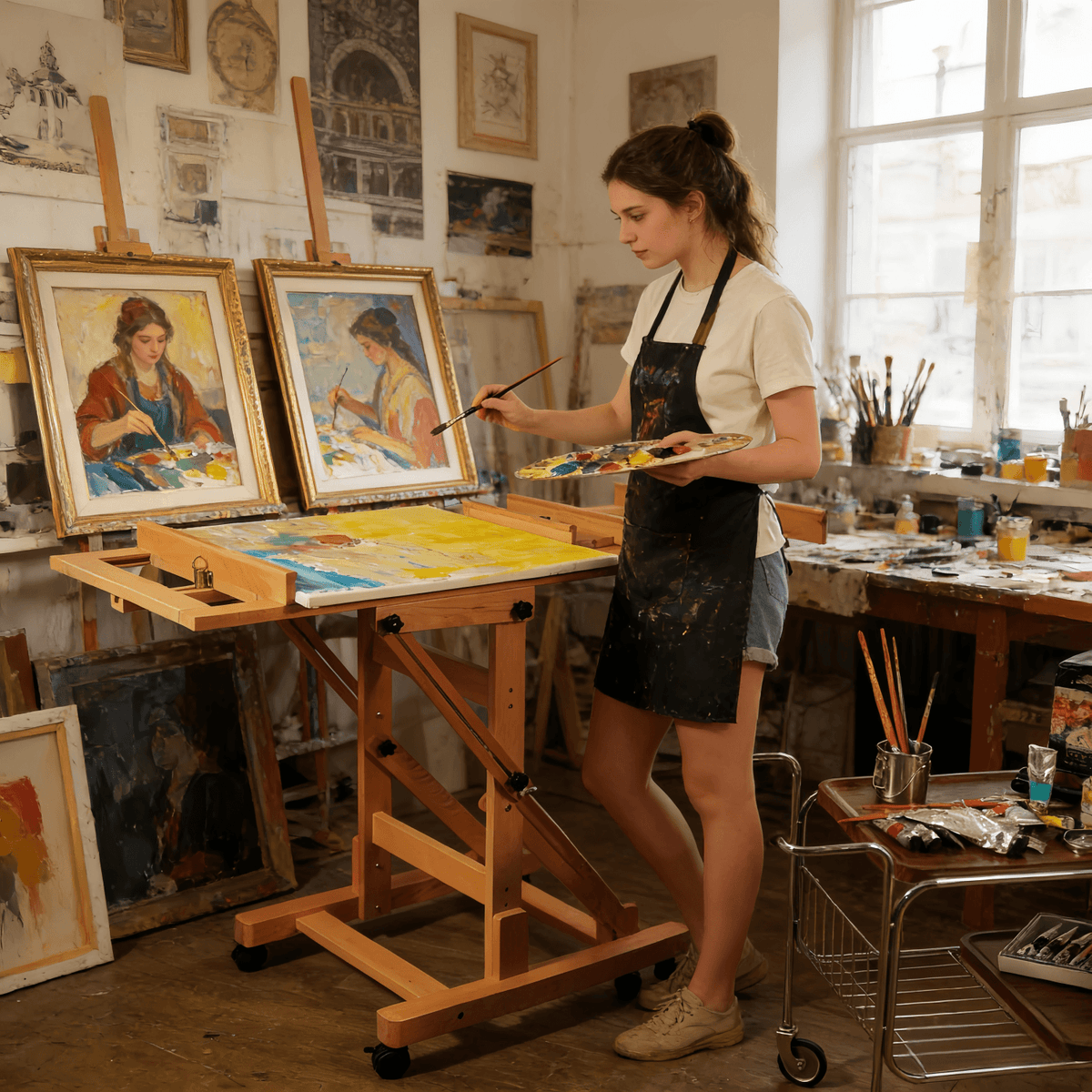 PHOENIX Solid Beech Wood Rolling H-Frame Studio Easel with Tray