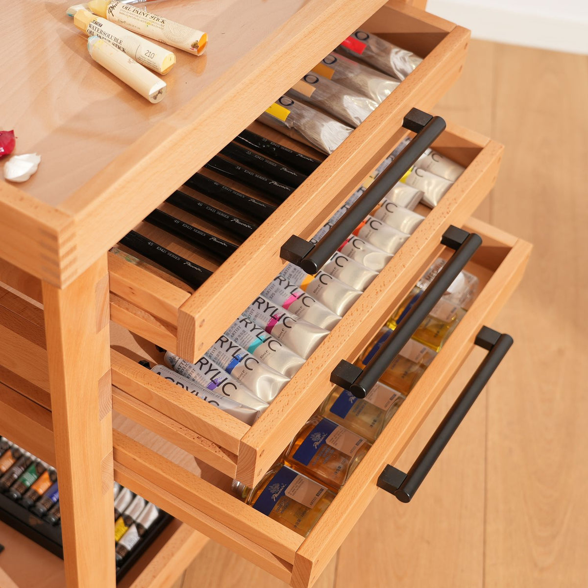 PHOENIX Natural Wood 5-Tier Rolling Art Storage Cart for Supplies
