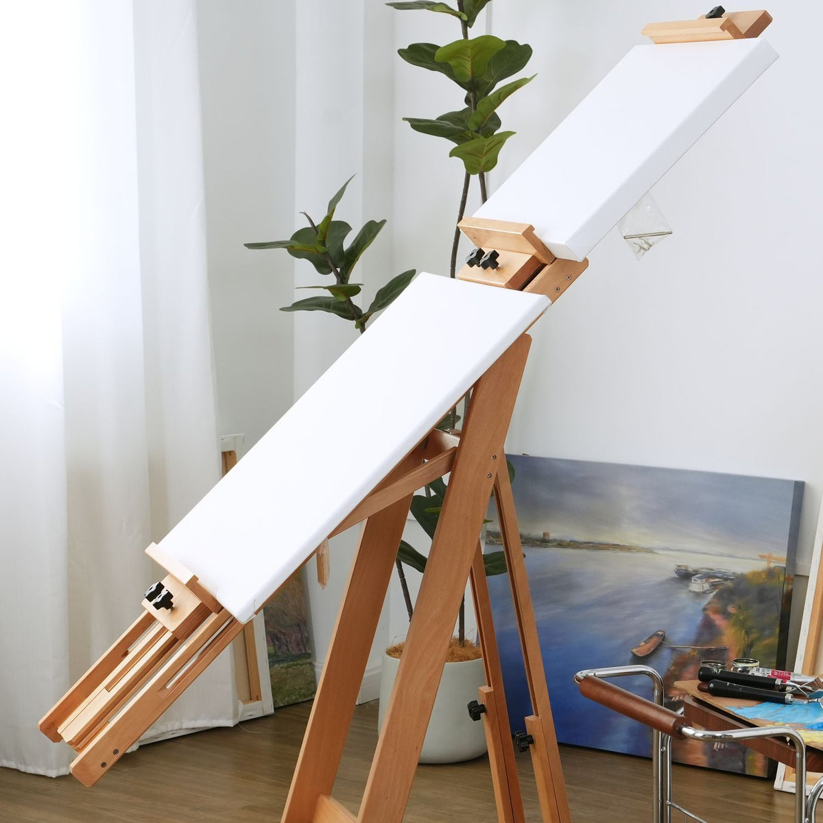 PHOENIX Solid Beech Wood Rolling H-Frame Studio Easel with Tray