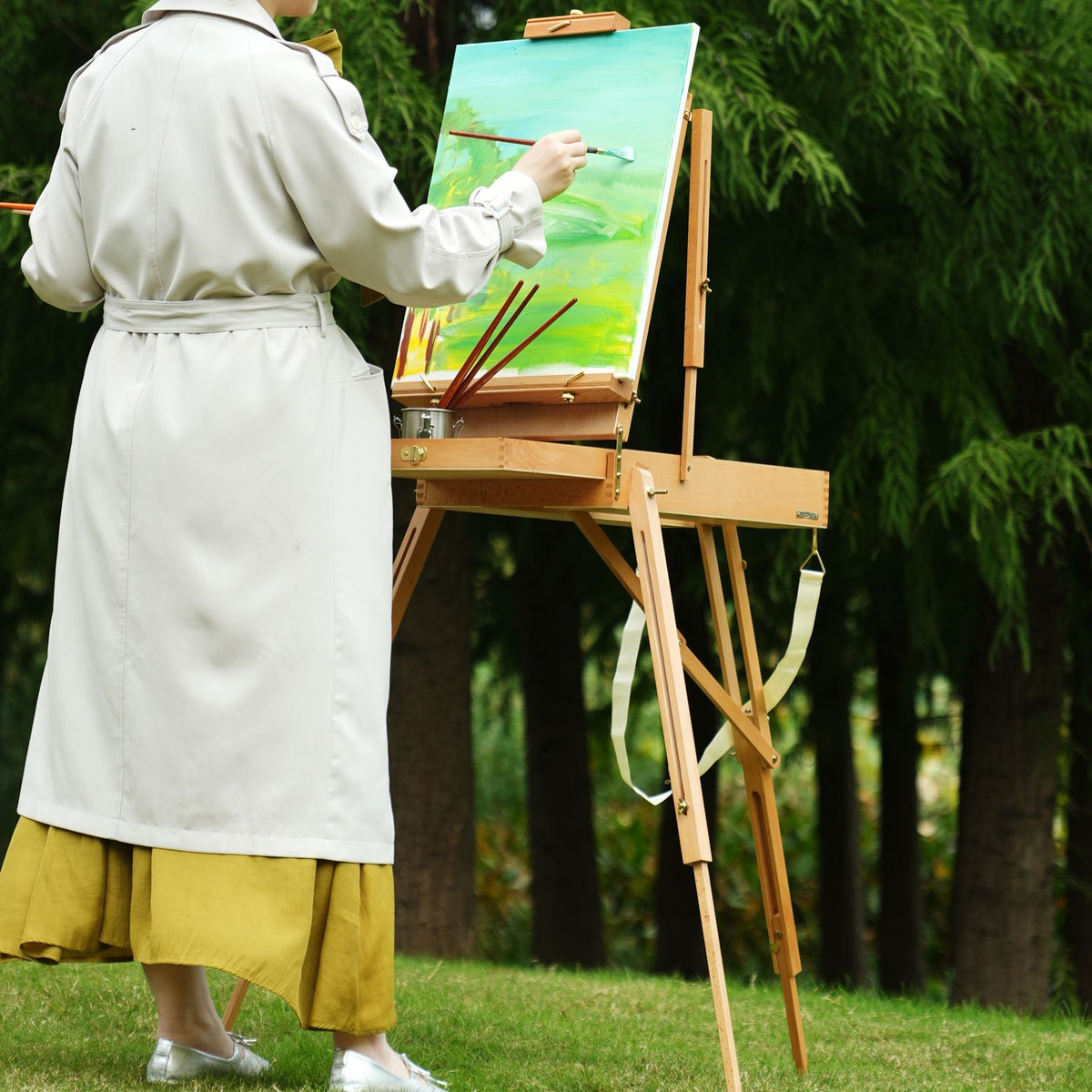 PHOENIX Foldable Solid Beech Wood French Box Easel - Portable Sketchbox with Drawer and Palette for Plein Air, Outdoor Travel, Field Art Wooden Easel Stand for Adults Artist