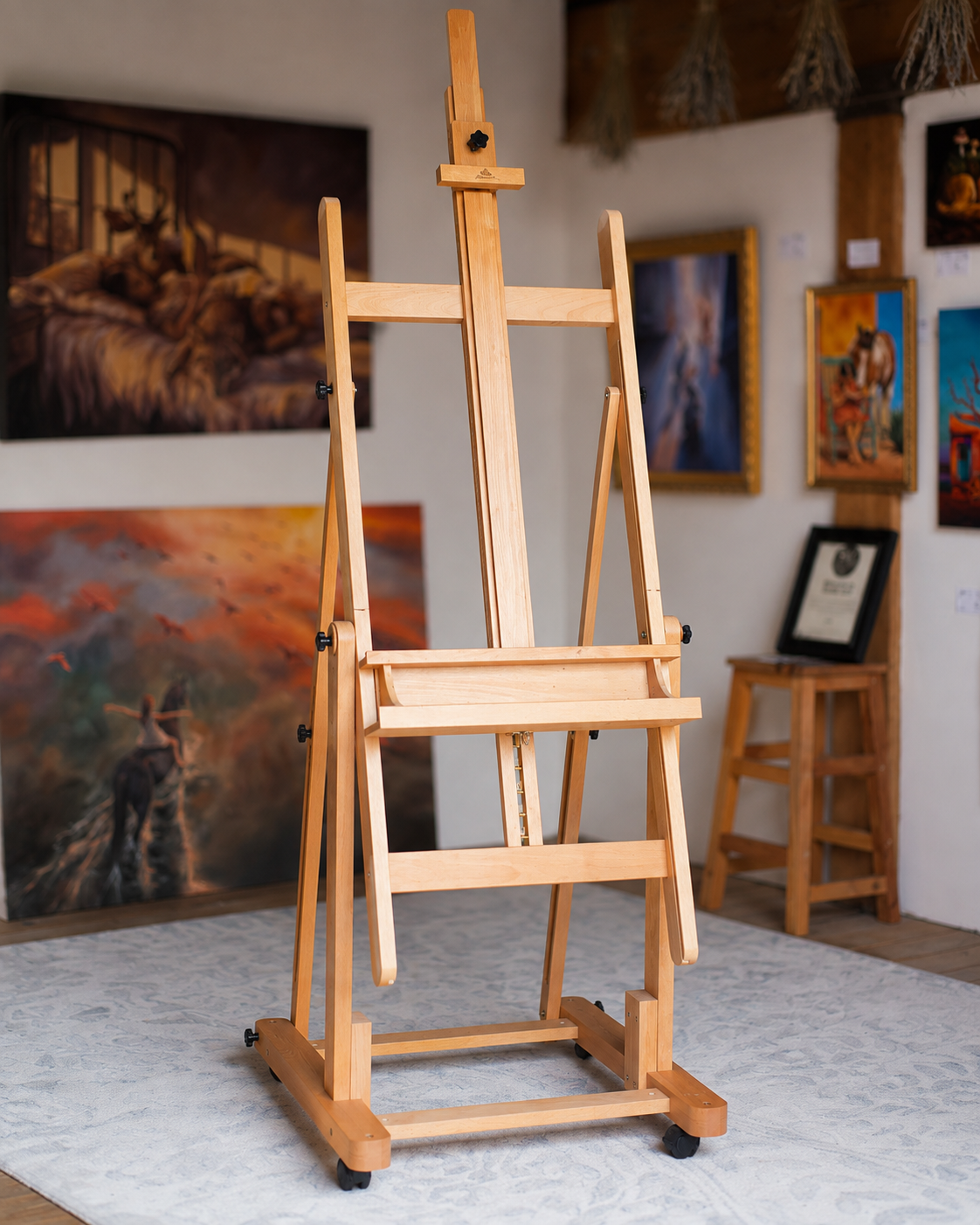 PHOENIX Enlarged Heavy-Duty H-Frame Easel - Adjustable Beechwood with Wheels