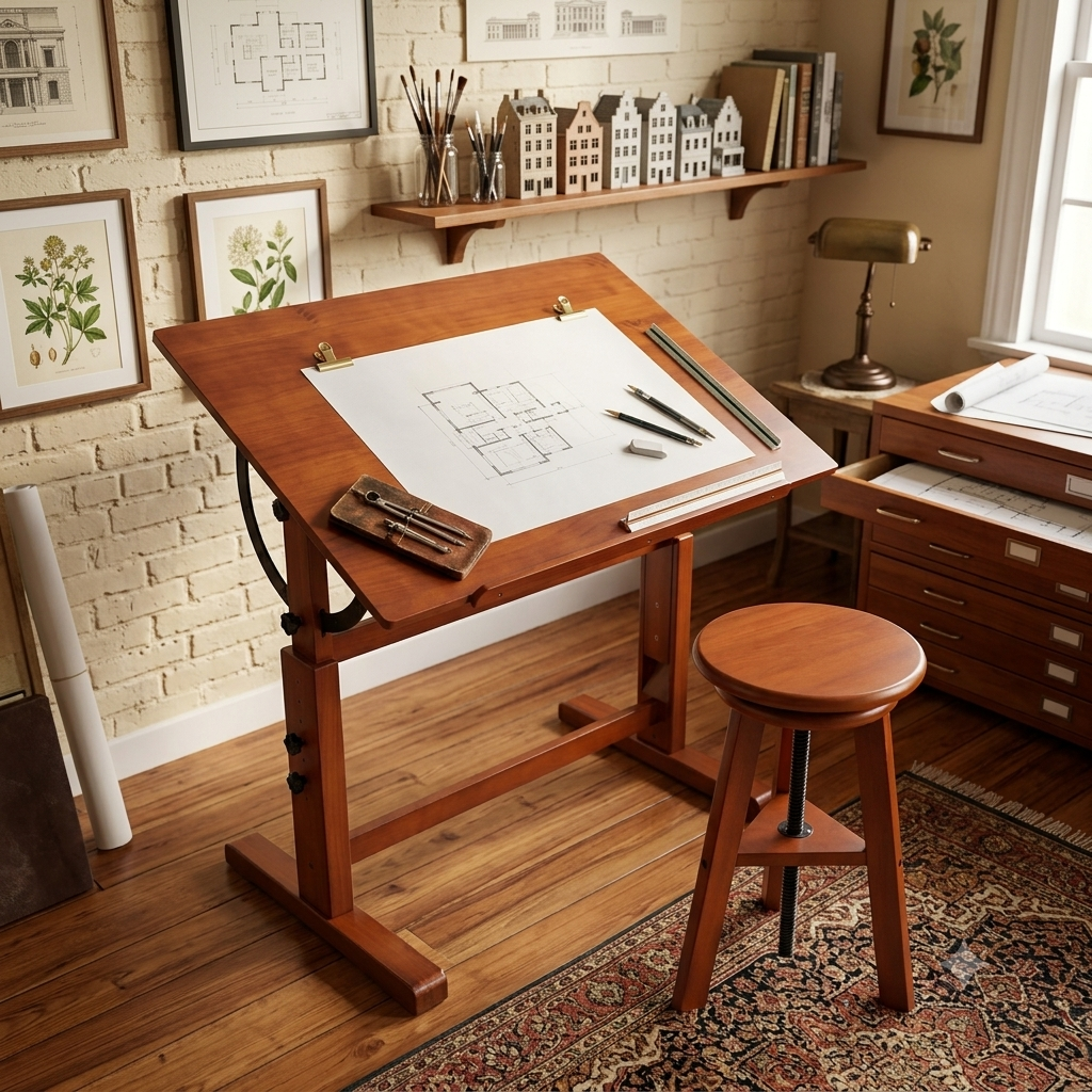 PHOENIX Artist Adjustable Wooden Drafting Table & Stool Set, Light Walnut