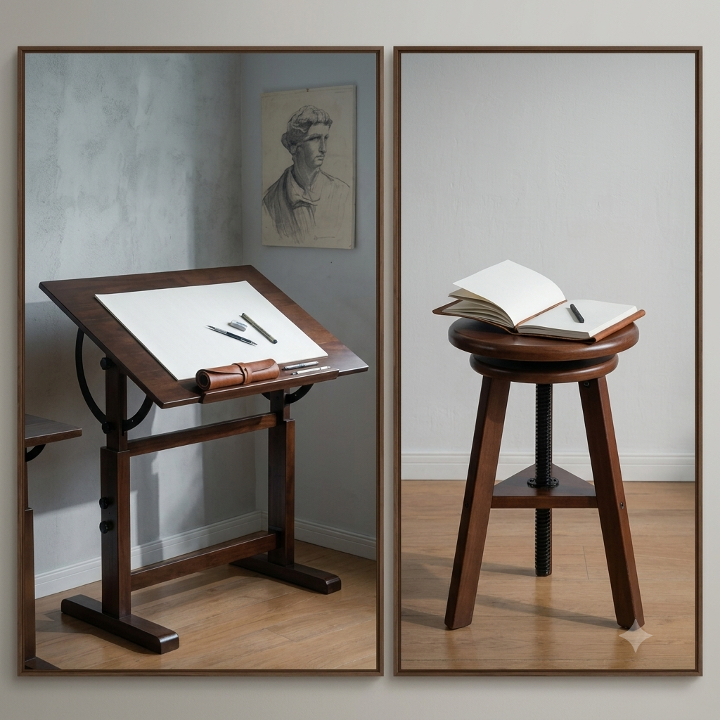 PHOENIX Artist Adjustable Wooden Drafting Table & Stool Set, Light Walnut