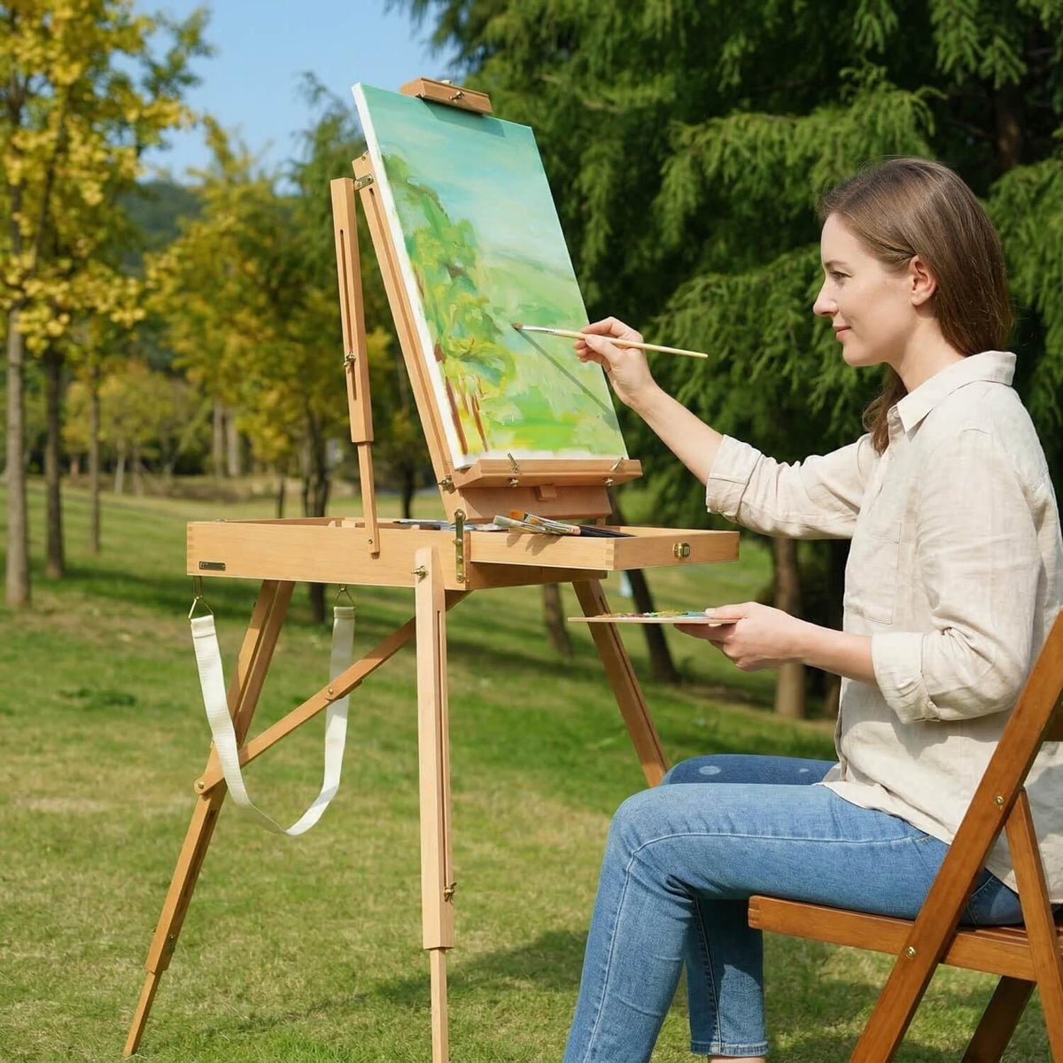 PHOENIX Foldable Solid Beech Wood French Box Easel - Portable Sketchbox with Drawer and Palette for Plein Air, Outdoor Travel, Field Art Wooden Easel Stand for Adults Artist