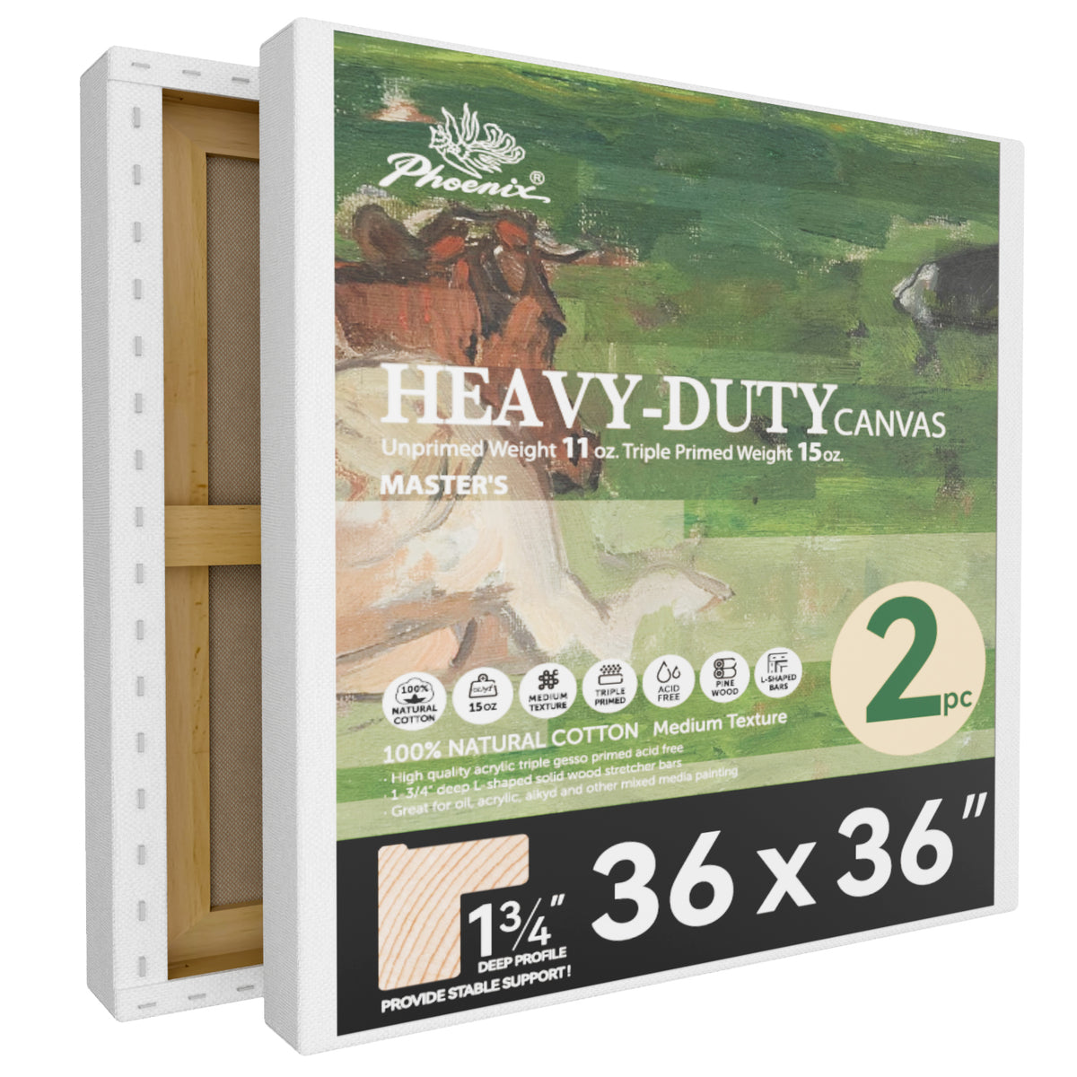 2 Pack PHOENIX 36X36IN Master Heavy Duty Stretched Canvas