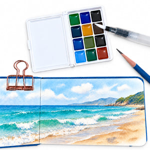 PHOENIX Half-Dry Watercolor Set – 12 Colors Portable Watercolor Book with Water Brush Pen, Scenery