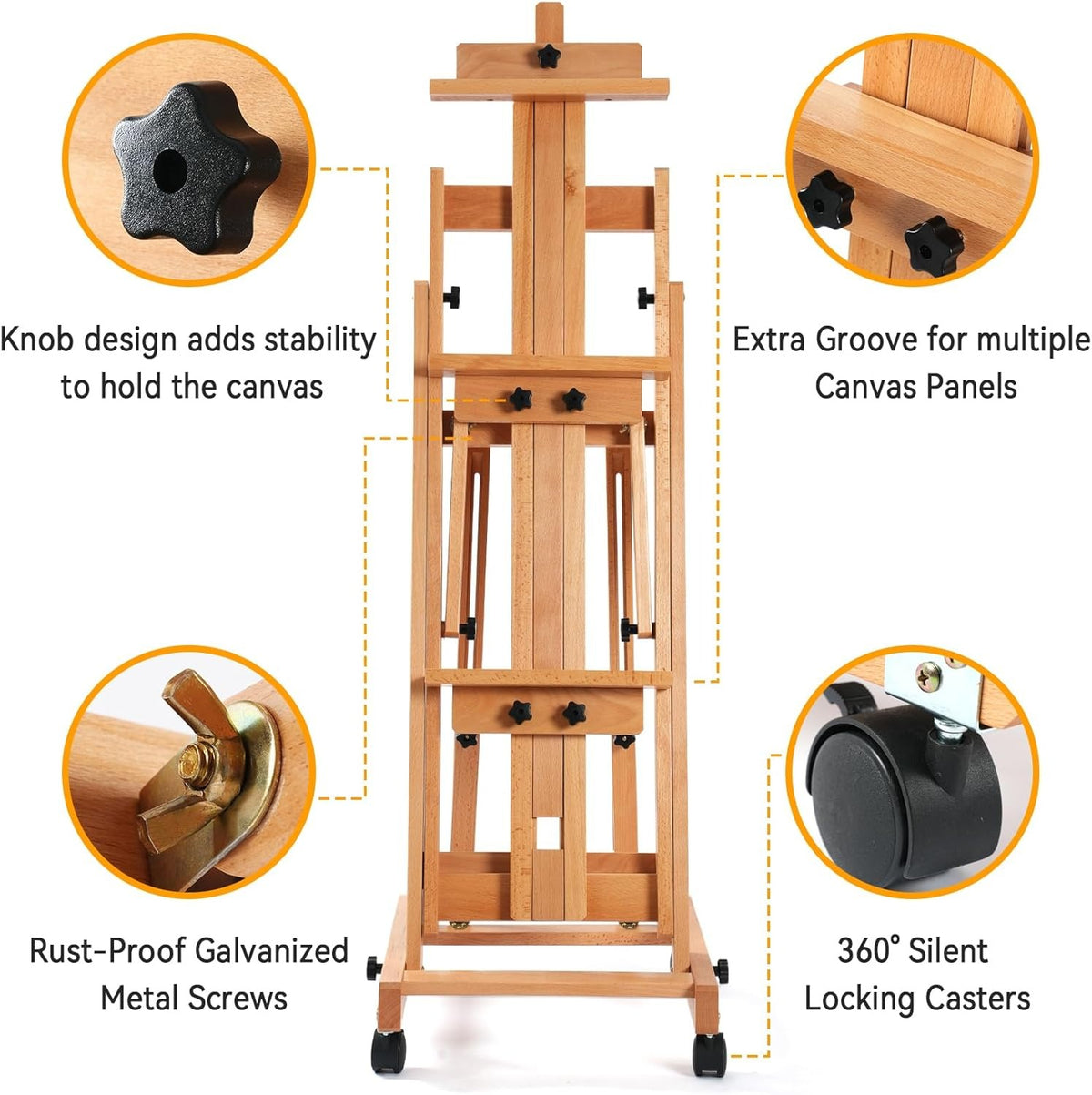 PHOENIX Solid Beech Wood Rolling H-Frame Studio Easel with Tray